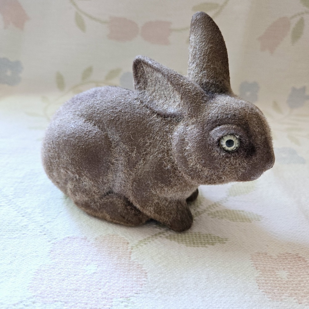 Vintage Flocked Bunny Bank Rabbit Bank Brown Fuzzy Hong Kong 6" X 5"